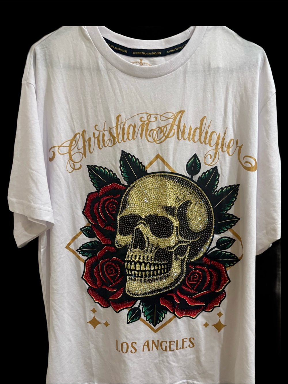 Christian Audigier Men’s White Skull & Roses Graphic Tee⭐️NWT⭐️